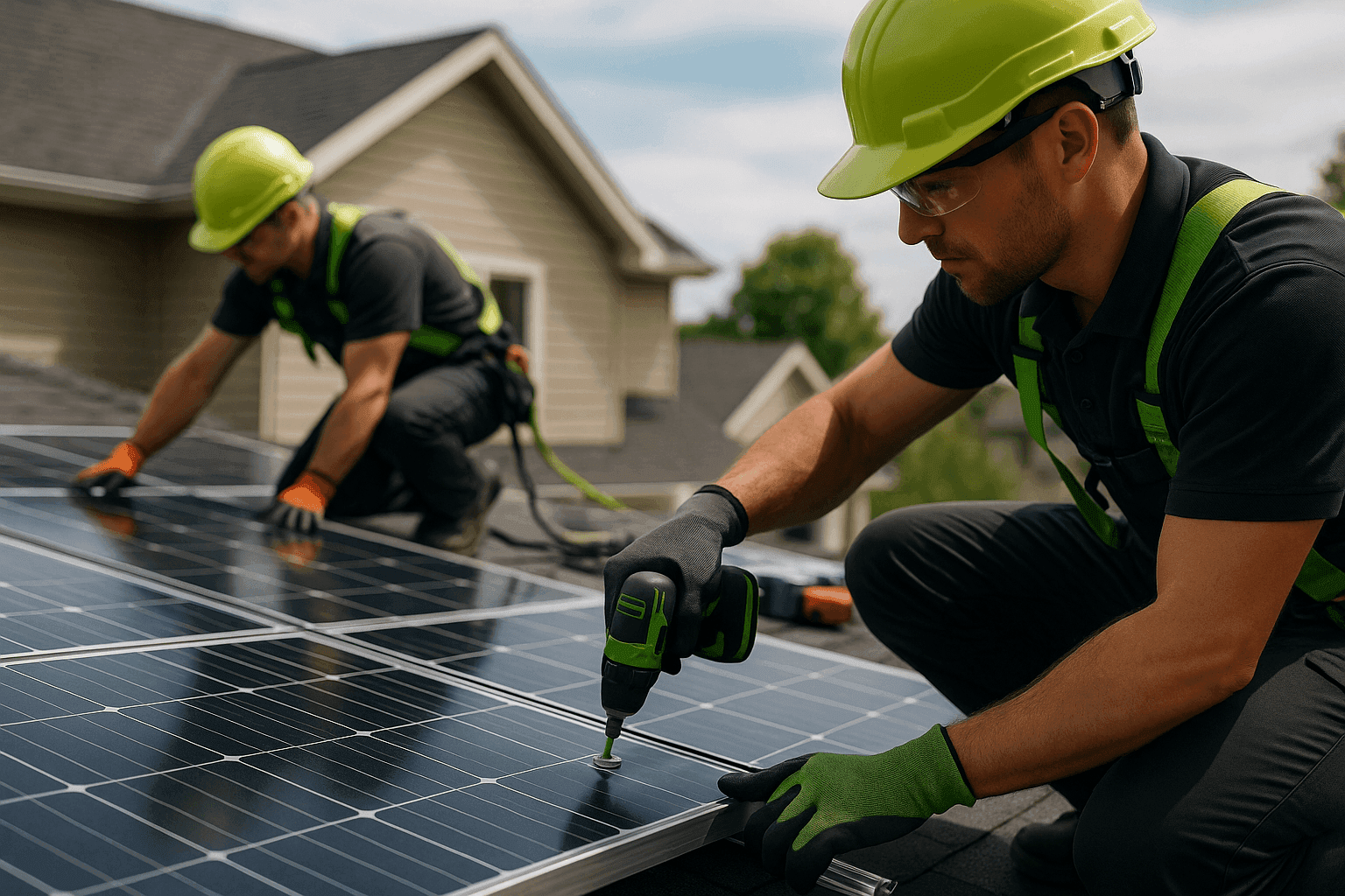 Residential solar panel installation on clean roof with OSHA-compliant workers handling panels safely