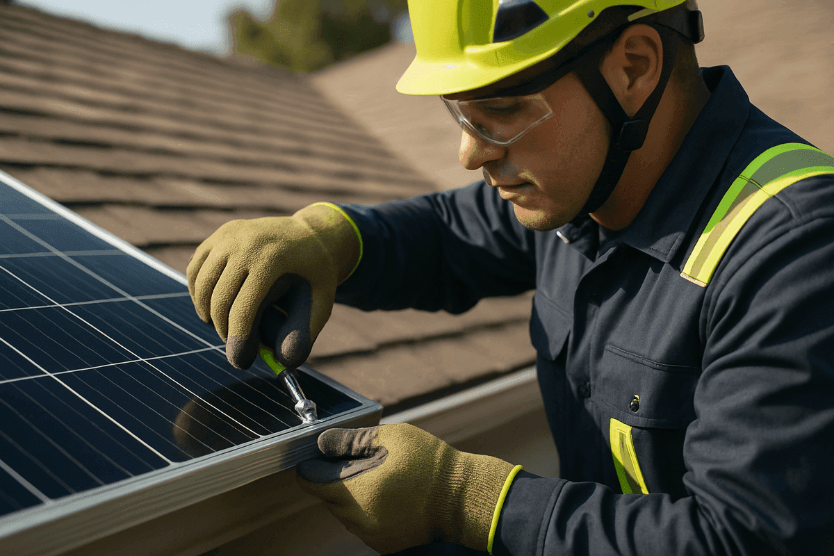 Close-up of technician’s gloved hands securing solar panel frame on residential rooftop